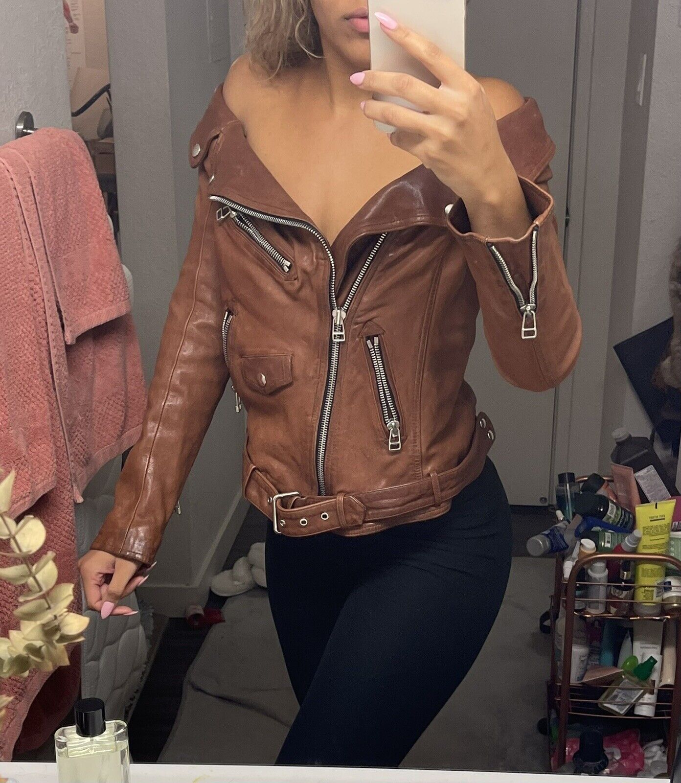 faith connexion leather jacket off shoulder