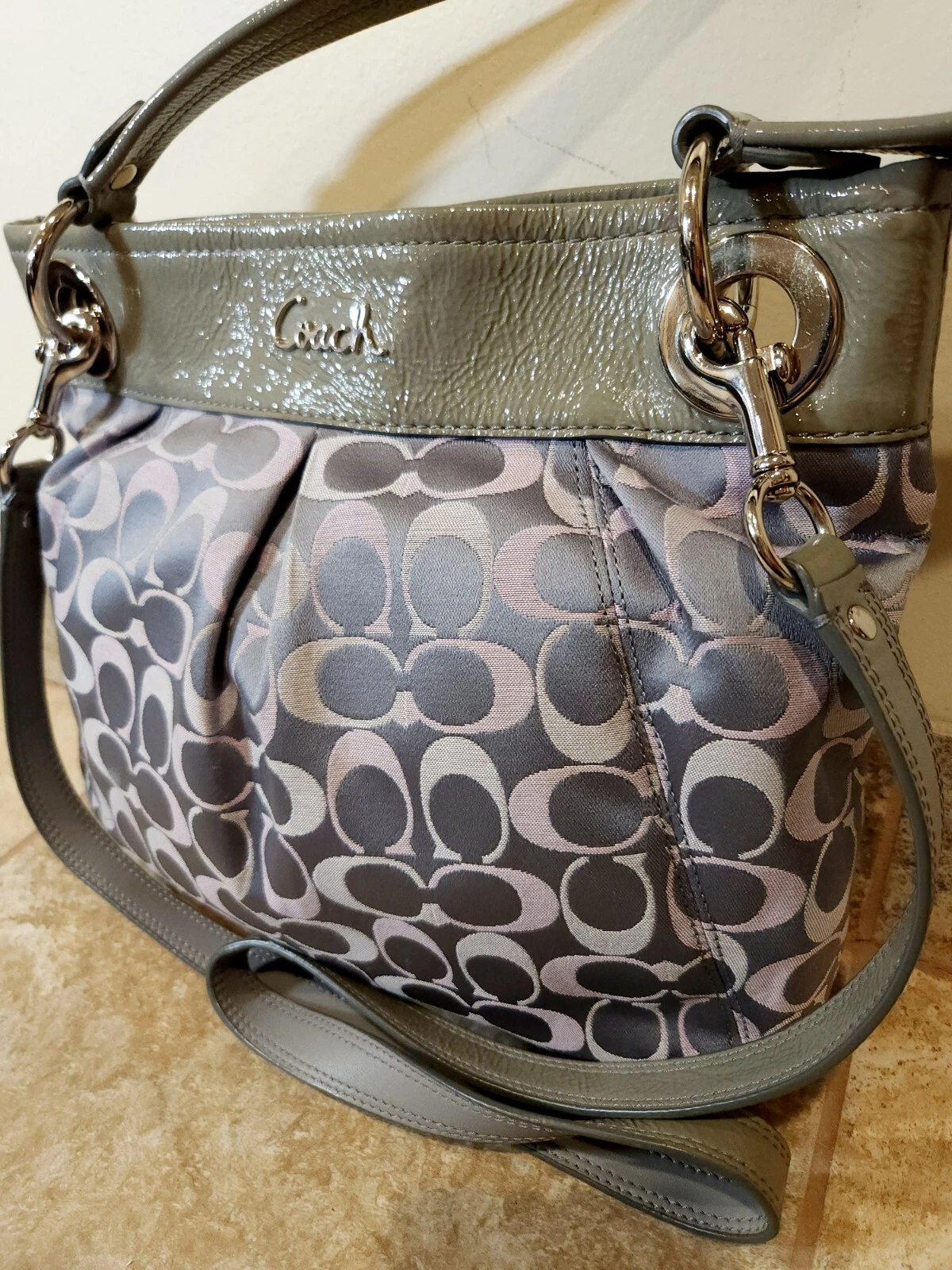 Coach Borsa a tracolla vintage grigia monogramma tela pelle manico superiore