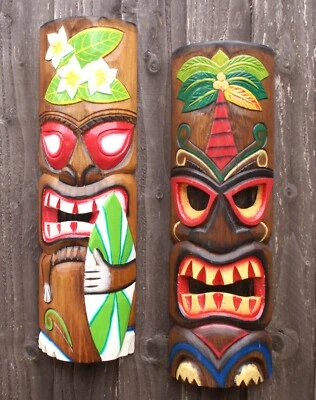 Tiki Bar Mask Bundle Wooden 50cm Handcarved Painted Garden Pub Decoration - Image 1 of 4