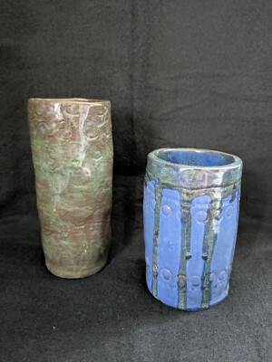 Handcrafted Glazed Clay Cylindrical Pottery Vases.  1971.  Coil method.