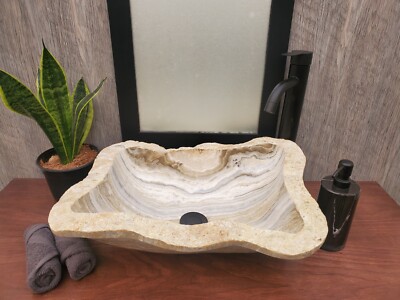 Grey and Ivory Onyx Vessel Bathroom Sink, 18 x 13 inch Natural Stone Basin