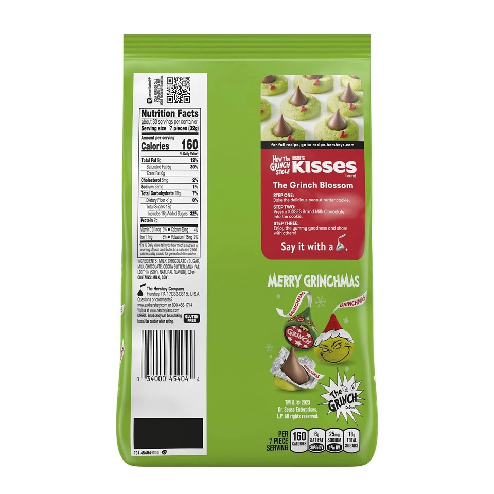 HERSHEY'S KISSES Grinch chocolate con leche, bolsa a granel de dulces de Navidad, 37,28 oz Foto 3 de 4