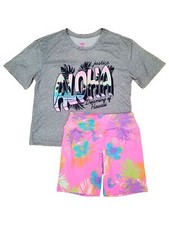 Justice Girls Neon Pink  Gray Aloha Hawaii Pajamas Shorts  Shirt Sleep Set