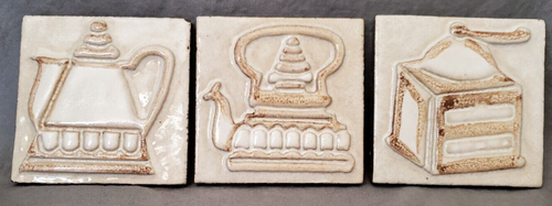 3 Art Tile Pottery Kettle Coffee Grinder Country Kitchen Trivet Wall Hanging