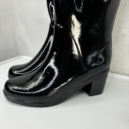 Kate Spade New York Rain Boots Sz 9 Black Bow Rubber Wellie Knee block Heel chic - Picture 10 of 24