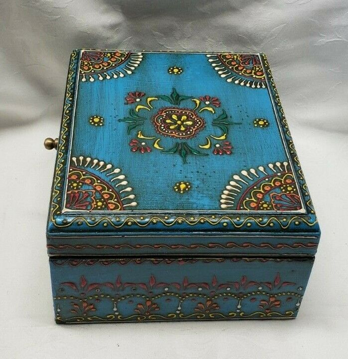 Hand Painted Blue Vintage Look Wood Jewelry Box Chest 9 Hand Painted Blue Vintage Look Wood Jewelry Box Chest 9