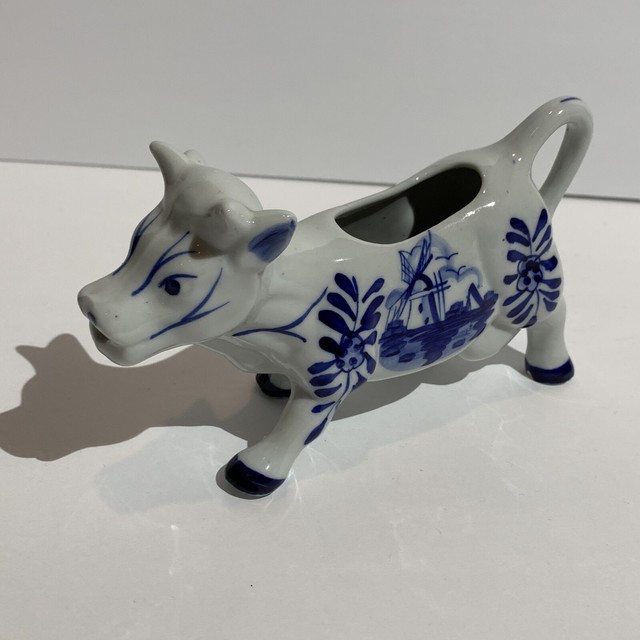 Vintage Blue Delft Hand Painted Cow Holland Cow Creamer Windmill