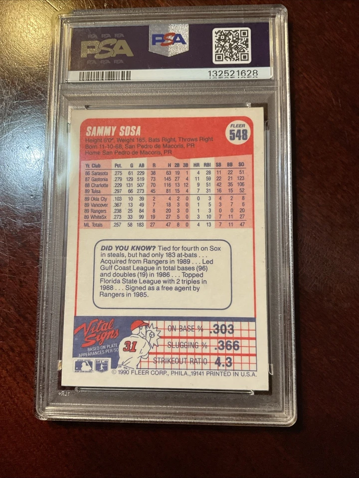 1990 Fleer Sammy Sosa #548 (RC) PSA 9 Mint DOB ERROR RARE - Image 2 of 3