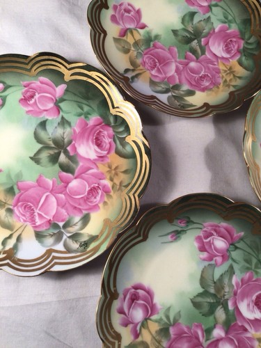 Antique Scalloped Edge TV Limoges France Porcelain Handpainted Roses Plate Set 4 - Picture 2 of 5