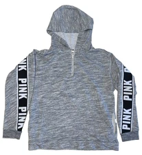 Pink Victoria's Secret Spell Out 1/4 Zip Gray Hooded Hoodie Sweatshirt Large