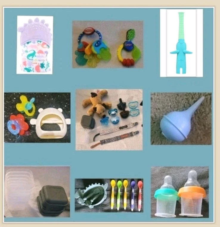 Lot Of 32 Baby Pacifiers, Teethers WubbaNub, Nuby, Aspirator, Baby Spoons & Bowl
Opens in a new wind