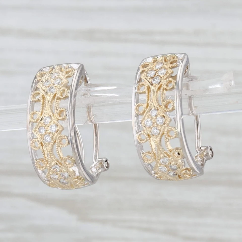 0.33ctw Diamond Ornate Filigree Drop Earrings 14k White Yellow Gold Omega Backs - Image 2 of 4