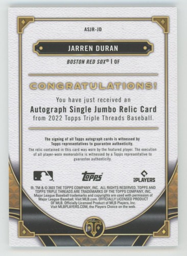 2022 Topps Triple Threads Autograph Single Relics Jarren Duran Rookie Auto 04/99 - Picture 2 of 2