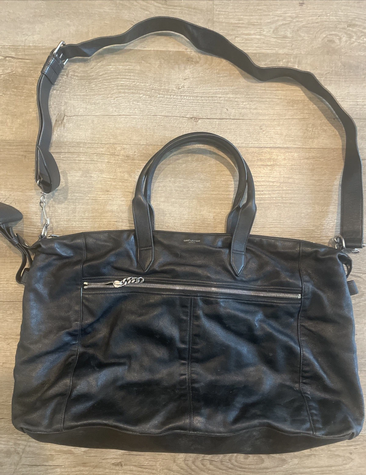 Yves Saint Laurent YSL Large Tote Bag Black Leather w/Silver Hardware 12” x 18”