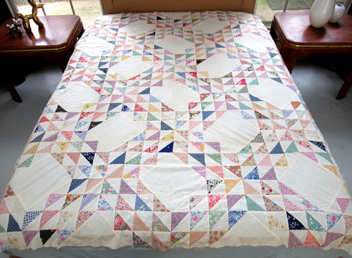 Vintage Hand Pieced Feed Sack OCEAN WAVES Quilt TOP; 81" x 71"