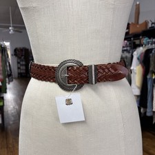 Vintage Canterbury Silver Heart Concho Woven Brown Leather Belt Sz M 34