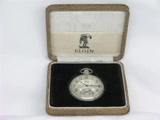VINTAGE 44MM ELGIN GENTS 14K WHITE GOLD FILLED POCKET WATCH & BOX, SERVICED!