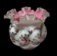 Fenton Charleston Rose Bowl Vase Hand Painted Gold Trim Floral Signed