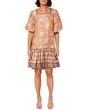 Adrift Mini Dress  Floral Balloon Sleeve Size L Peach Boho Satin Day Tea.