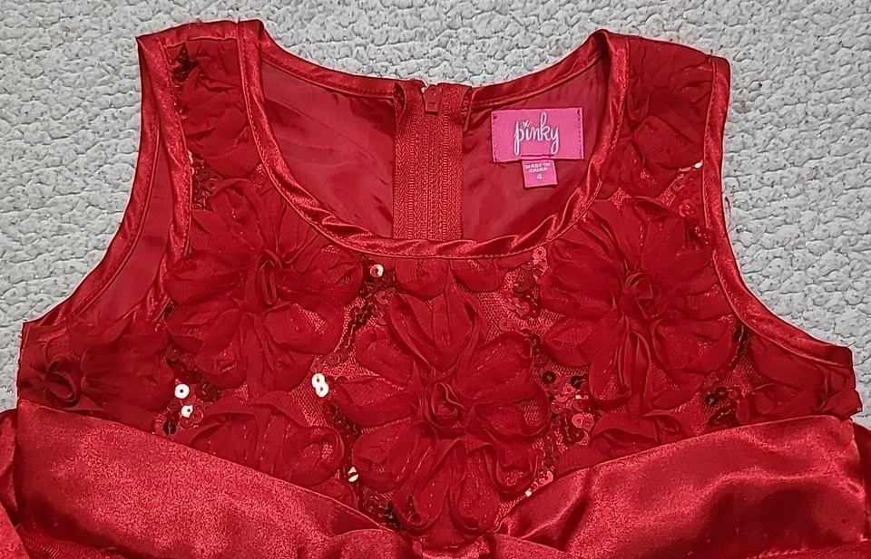 Pinky Little Girls Size 4 Red Floral Bow Holiday Christmas Sleeveless Dress  - Image 2 of 4