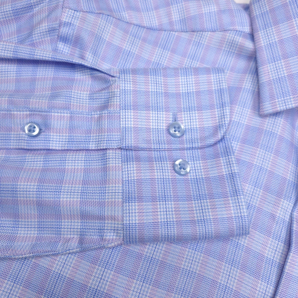 David Donahue Trim Fit Poplin Blue Plaid Dress Shirt Mens Size 15 - 33/34 - Image 2 of 4