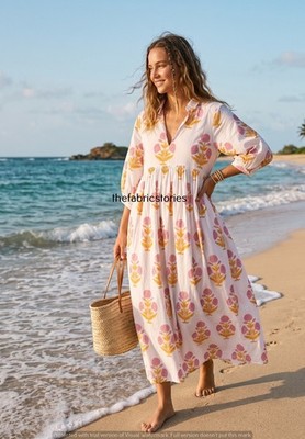 Handmade Cotton Poppy Floral Midi Dress Boho Casual Vacation Dress for Women