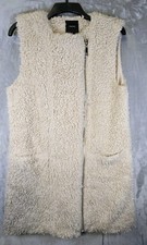 Forever 21 Faux Sherling Long Vest Medium Beige Full Asymmetrical Zipper Pockets