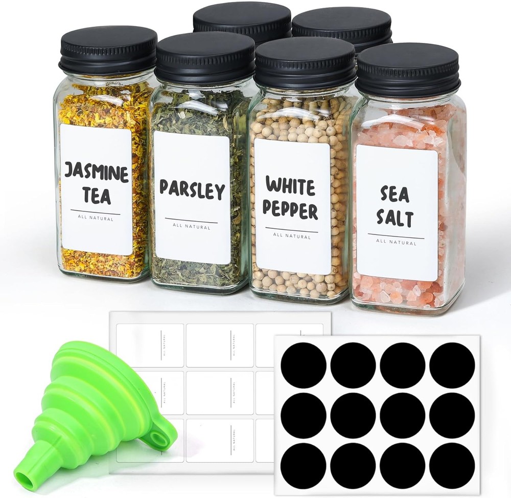 6Pcs 4oz Glass Spice Jars with Shaker Lids & 21 Labels  