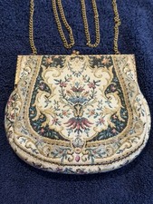 Vintage French Floral Tapestry Fabric Purse Gold Ornate Frame Bag