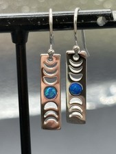 New Condition Sterling Silver Lab Opal Moon Phases Dangle Earrings 925
