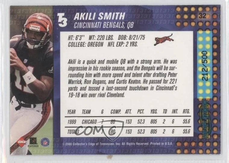 2000 Collector's Edge T3 HoloPlatinum /500 Akili Smith #32 - Image 2 of 2