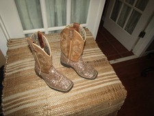 Shyanne Girls Glitter Western Cowboy Boots Gold Sparkle Brown Youth size 1
