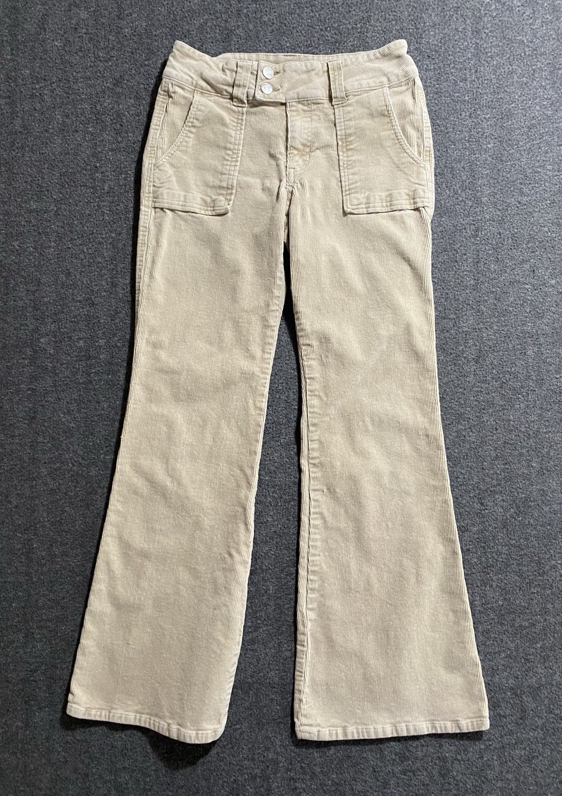 Forever 21 Womens Corduroy Flared Pants Beige Ripped Button Fly Size L