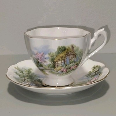 Queen Anne England Fine Bone China Teacup and Saucer Tudor Cottage Floral Vtg