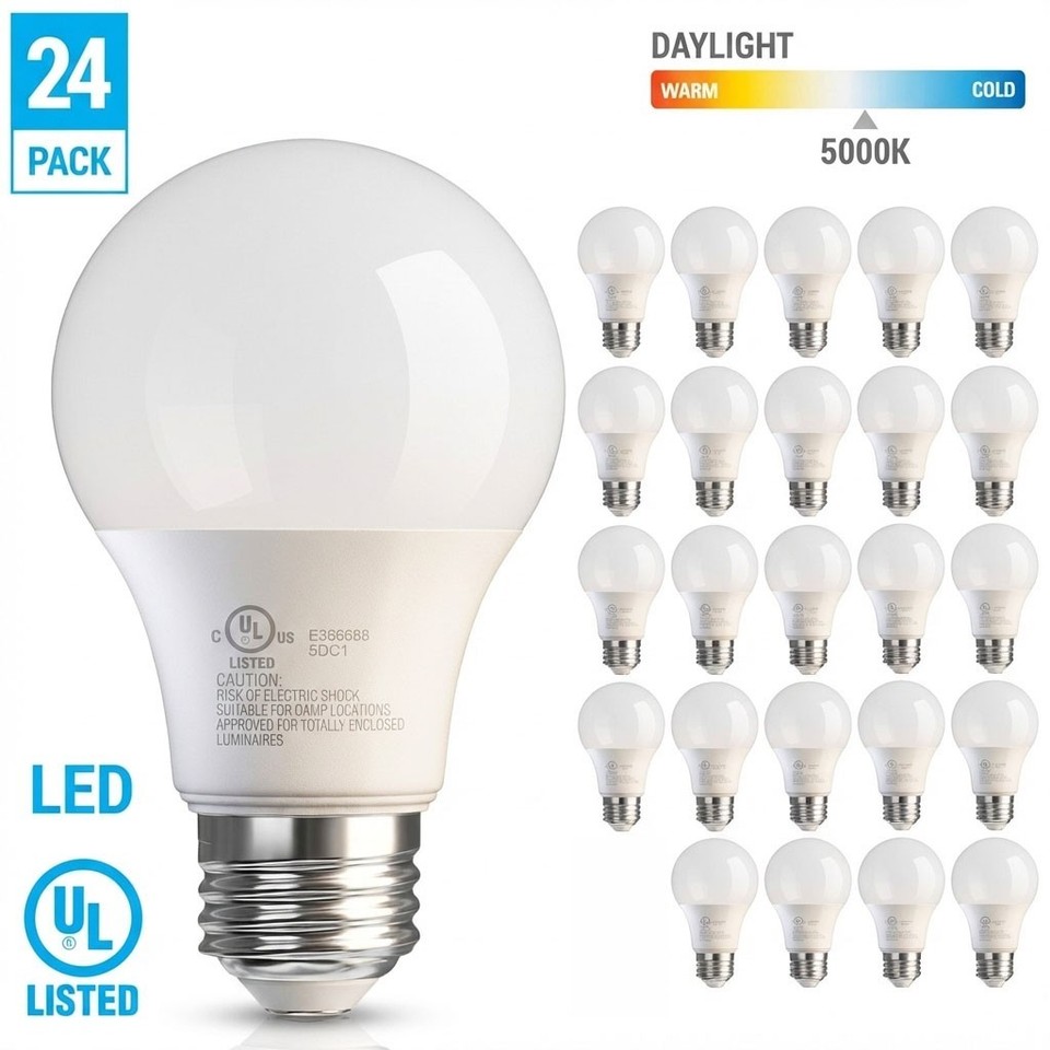 24 Pack LED A19 Bulb 9W 60W Equivalent Non Dimmable 5000K Daylight Medium E26