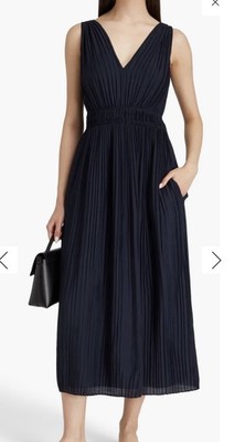 Vince Navy Pleated Double V-Neck Mici Dress Size S NWT