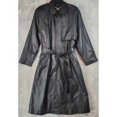 Adler Geniune Leather Jacket Womens XL Black Trench Coat Belted 90s Vintage
