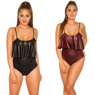 Sexy Kunstleder Body Damen Wetlook Rüschen Badeanzug Clubwear Turnanzug Oberteil