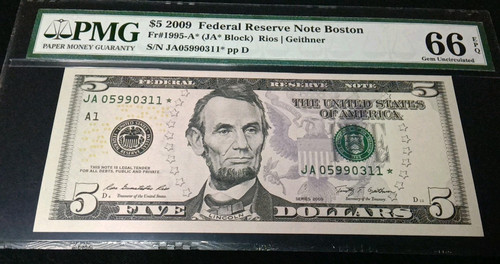 2009 $5 Boston Federal Reserve Note FRN • 1995-A • PMG 66 EPQ - Picture 1 of 2