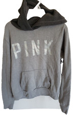 Victoria's Secret PINK Hoodie Gray Fleece Hood Shimmer Logo Pullover Women's S