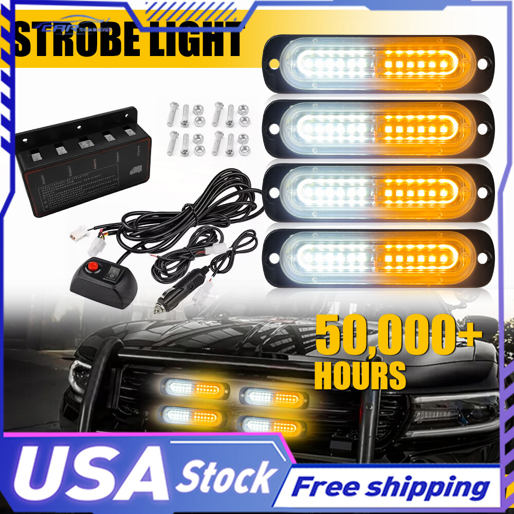4Pcs LED Amber Vehicle White Emergency Strobe Flash Light Lamp Bar Front Grille