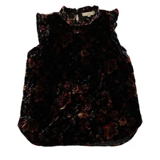 Loft Womens Sleeveless Velvet Top Size M Ruffle Neck Floral Grunge Twee Boho