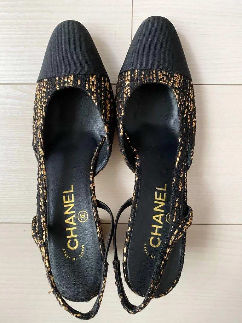 CHANEL Slingback Pumps EU 37 Black Unused From Japan