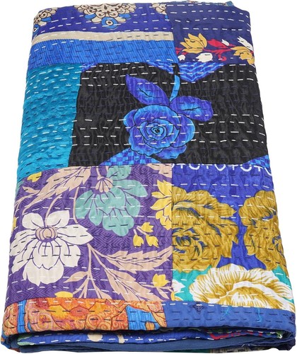 Handmade Vintage Silk Patchwork Kantha Quilt Indian Sari Silk Patola Throw - Picture 54 of 62