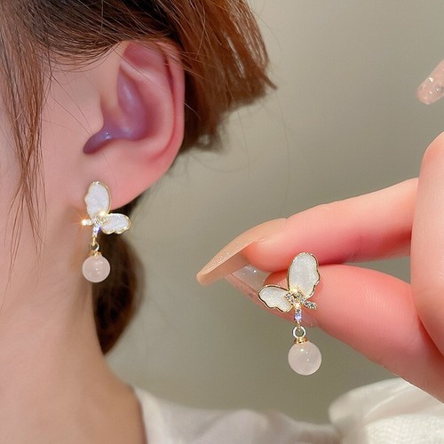 Dainty Butterful Jade Funky Silver Bridesmaid Dangle Earrings Handmade Jewelry - Picture 6 of 6
