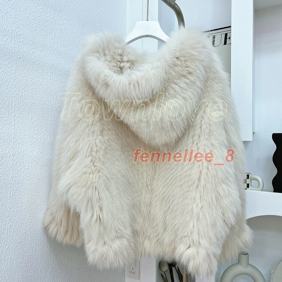 Women Real Fox Fur Knitted Coat Hooded Bat Sleeve Baggy Jacket Warm Outwear Tops - Image 3 of 4