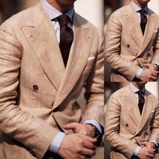 Khaki Linen Men's Suits Wide Peak Lapel Formal Business Suit Wedding Tuxedos