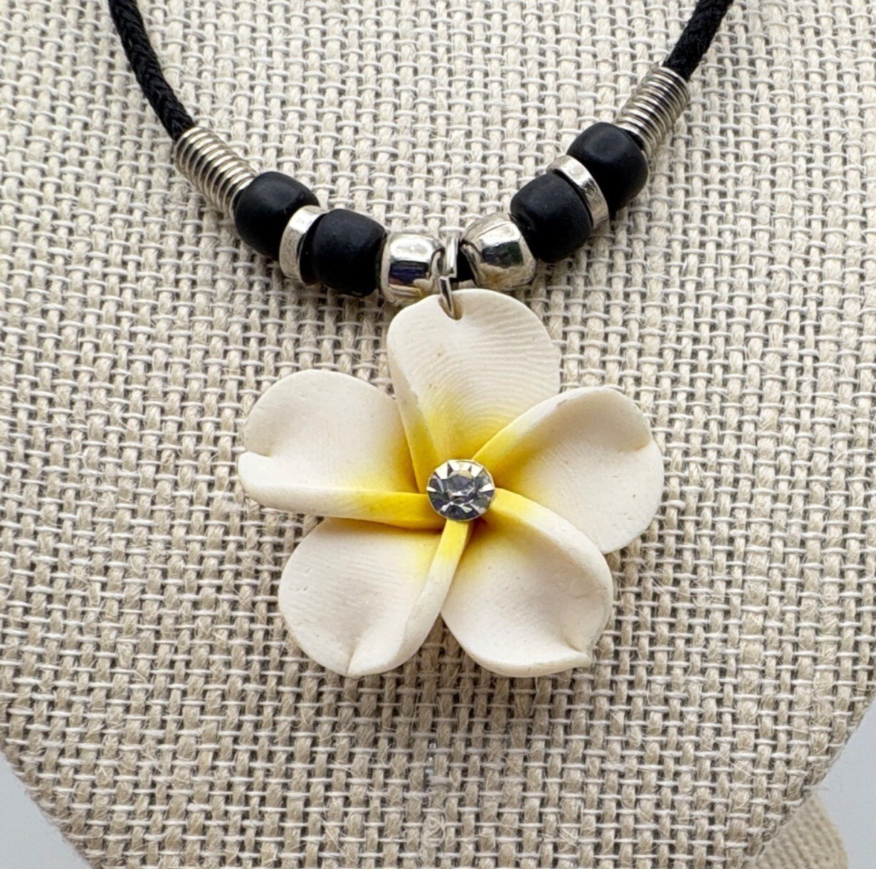 Hawaii Fimo Clay White Flower Pendant Necklace Choker Black Cord