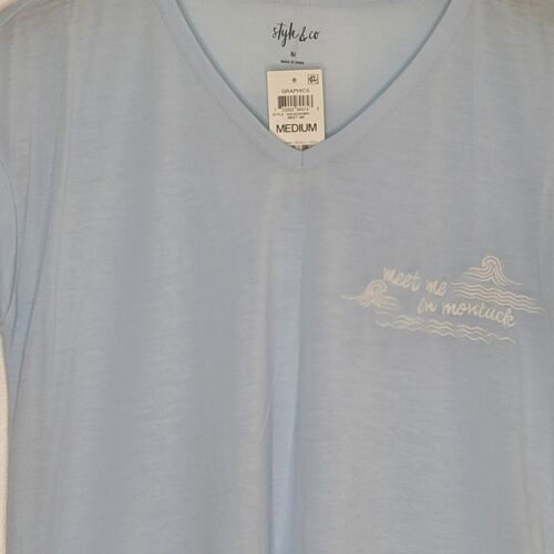 Style & Co T-Shirt Size Medium Blue Cap Sleeve V-Neck Casual Beach - Picture 3 of 6