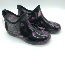 Easy USA Womens Rain Booties Rubber Slip On Floral Black Purple Size 6